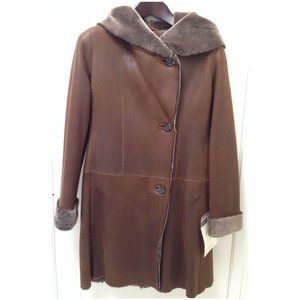NWT brown nubuck leather GENUINE sheepskin shearling hooded coat UK 10 US 6 or 8